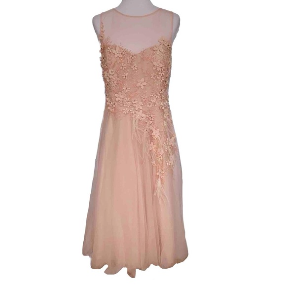 RICKIE FREEMAN TERI JON pink beading sequins feather flower tulle maxi dress